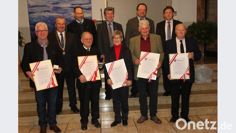 Die Bürgermedaille ging an (vorne von links) Erhard Obendorfer, Josef Böhm, Brigitte Bauer-Schimmer, Johann Schmidl und Emil Mattausch. 	Bild: ral