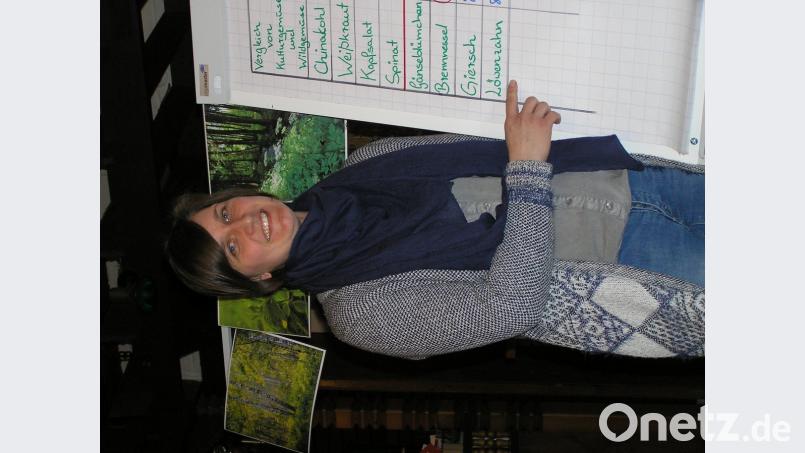 Referentin Anja Putzer sprach beim Obst- und Gartenbauverein Lochau-Riglasreuth über Wildkräuter. Anhand einer Tafel verdeutlichte sie die hohen Inhaltstoffe im Vergleich zu Kulturgemüse. 	Bild: öt