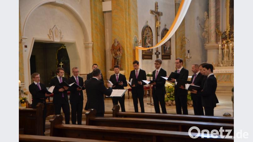 In der Marienfeierstunde in der katholischen Stadtpfarrkirche erfreut das Vokalensemble Hubert Velten unter Leitung von Dekan Holger Kruschina die Zuhörer.  	Bild: dob