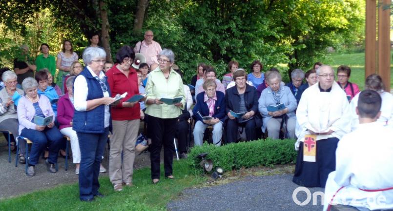 Auf der Blechmühle feiern Pfarrer Helmut Süß sowie die Vorbeterinnen des Katholischen Frauenbundes - Rosi von der Grün, Margit Steger und Rosi Schuller (stehend, von links) - mit zahlreichen Marienverehrern eine Maiandacht.	Bild: lep