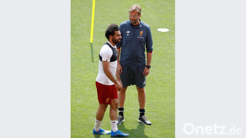 Mohamed Salah, Trainer Jürgen Klopp (von links), dazu Roberto Firmino und Sadio Mané - vor diesem Quartett hat Real Madrid riesigen Respekt.  	Bild: Martin Rickett/dpa