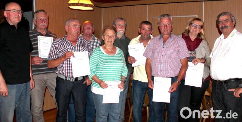 Für langjährige Mitgliedschaft nehmen die Jubilare der Siedler Urkunden entgegen. Mit im Bild Vorsitzender Wenzel Voh (links) und Kreisvorsitzender Reinhard Ott (rechts). Bild: cs