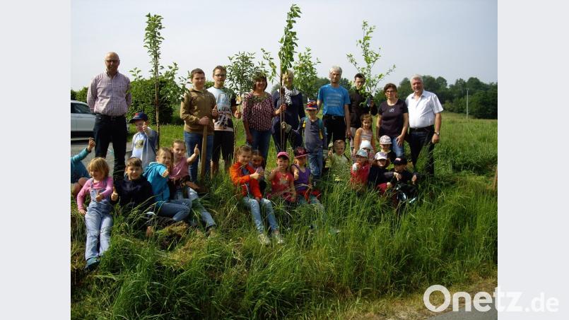 Die "Flosser Gartenkrähen" und ihre Helfer pflanzen Bäume für eine Streuobstallee am Bocklweg.  	Bild: exb