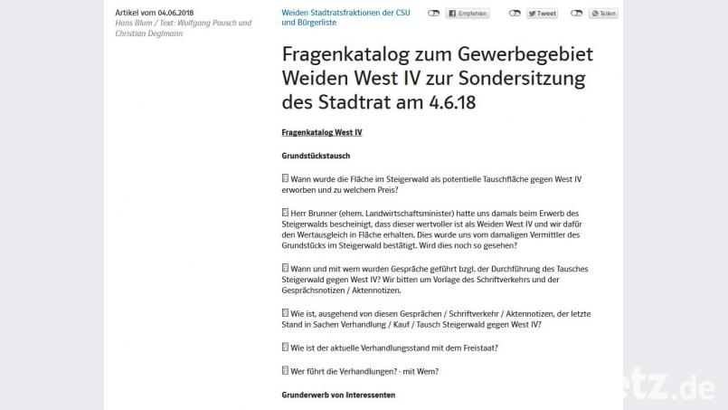 Überraschend stehen die Fragen an die Stadtverwaltung bereits auf der Internetseite der CSU. Screenshot: www.csu.de/verbaende/kv/weiden