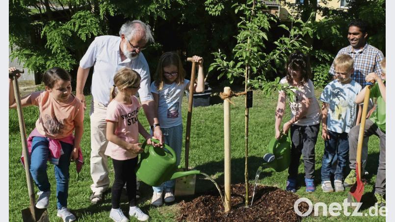 Der Gartenbau – und Verschönerungsverein spendete zur Erinnerung an die Erstkommunion 2018 ein Apfelbäumchen. Pfarrer Heinrich Rosner (mit Gießkanne) „taufte“ mit den Drittklässlern im Beisein von Vorsitzendem Hubert Obermeier und Pfarrvikar Joseph Kokkoth (von rechts) den jungen Spross auf den Namen „Gerlinde“. Rohrwild, Herbert [OHR] (herbert-rohrwild@t-online.de)