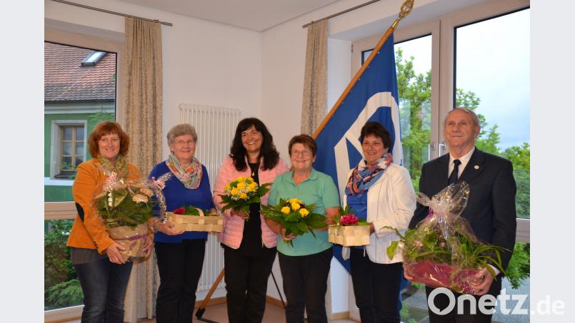 Nach 12 Jahren wurden die Vorsitzenden Monika Schnupfhagn und Marga Braun (Dritte und Vierte von links), von den gleichberechtigten Vorsitzenden Annelies Feneis, Angela Striegl (von links) sowie Elisabeth Kraus und Pfarrer Josef Most verabschiedet. gi
