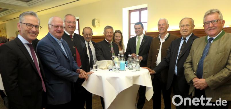 Die Prominenz gratuliert (von links): Werner Heß, Volker Liedtke, Franz Löffler, Hans Frankl, MdL und Jubilar Joachim Hanisch, Tochter Tanja, Thomas Ebeling, Arnold Kimmerl, Hans Schuierer und Wilfried Bühner. Bild: Hirsch