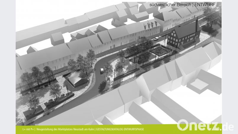 So könnte der Bereich östlich des Rathauses in Zukunft aussehen. Die beiden Sichelkurven der Kreisstraße sorgen für eine Verkehrsberuhigung und ermöglichen einen größeren Platz, der für Veranstaltungen oder auch zum Parken genutzt werden kann. OW, Autor [OW]