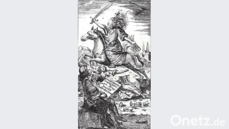 Das Titelblatt von Georg Greflingers bedeutendstem Werk &quot;Der Teutschen Dreißigjähriger Krieg&quot;. Angeblich soll der sitzende Schreiber vorne links Greflinger selbst darstellen. exb