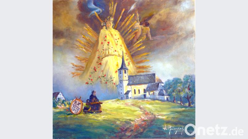 Vor dem Fahrenberger Gnadenbild und der Wallfahrtskirche fleht ein Bittsteller in seinem Anliegen. fvo