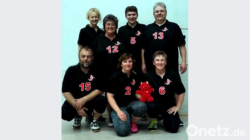 Der BVS Weiden holte sich erneut den nationalen Titel im Flugball: (oben von links) Anita Spitzner, Evelyn Hunsperger, Michael Kraus, Wilhelm Kraus ; (unten von links) Wolfgang Hunsperger, Anja Dreyer, Brigitte Kraus. R. Kreuzer