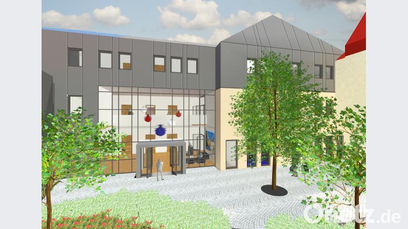 Diese Visualisierung zeigt, wie der neue Verwaltungstrakt des Neunburger Rathauses auf Basis des Bauentwurfs aussehen soll. Geplant ist er an der Stelle des &quot;Altmann-Hauses&quot; Im Berg. Der Neubau soll mit dem bisherigen Rathaus verbunden werden. Grafik: Architekturbüro Steidl