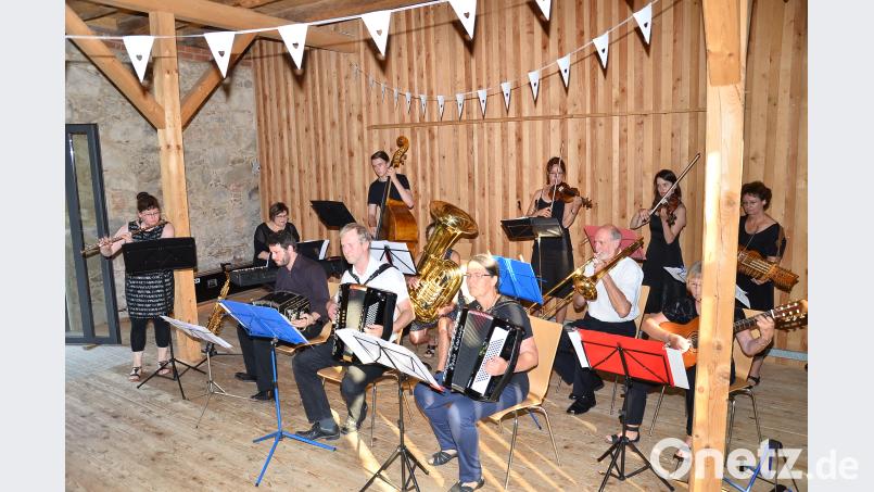 Im Ensemble des "Tango Festival Orchesters" durften die beiden Solisten, Matias Gonzalez (sitzend, links) und Susanne Hofmann (hinten, Zweite von rechts) nicht fehlen. fjo