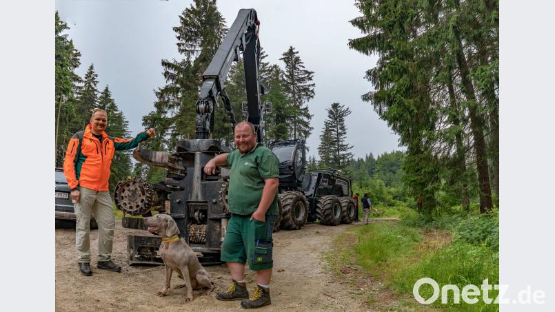 Dr. Michael Kutscher, Leiter der Forsttechnik der Bayerischen Staatsforsten (links), testet gemeinsam mit Harvesterfahrer Gregor Friedel den neuen Logset Hybrid-Harvester im Fichtelgebirge. exb