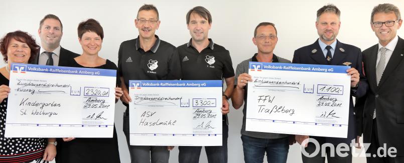 Cornelia Walz, Projektleiter Thomas Retzer, Ulrike Schießlbauer, Reiner Volkert, Thorsten Kraft, Christian Gottwald und Christian Beck sowie VR-Vorstand Andreas Reindl bei der Spendenübergabe. Wolfgang Steinbacher