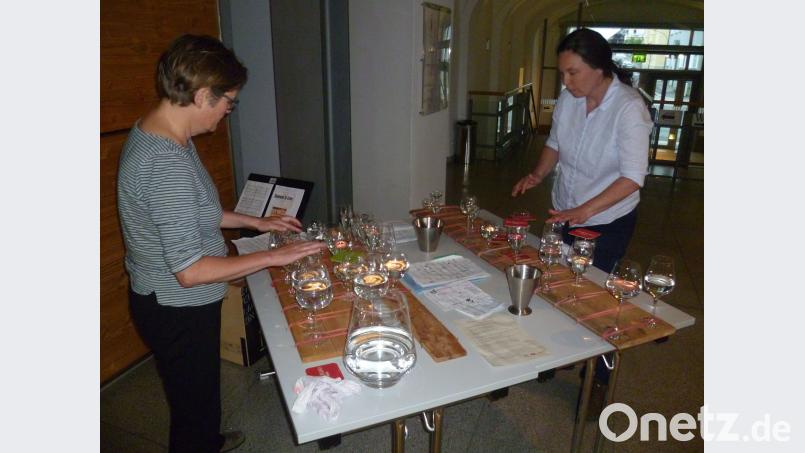 Beim „Campus-Konzert“ im Foyer des Siemens-Innovatoriums der OTH Amberg-Weiden boten Heike Lepke (rechts) und Heike Herzog (links) Außergewöhnliches mit Musik aus Glasharfen, wie sich die mit Wasser gestimmten Gläser nennen. (usc)