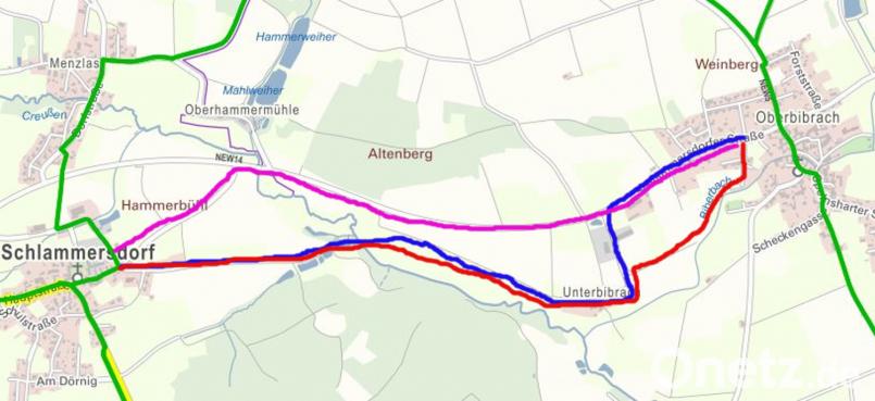 Dringend nötig sei ein Radweg zwischen Oberbibrach und Schlammersdorf - so die Meinung der Teilnehmer des interkommunalen Workshops. Die rote Variante durch Unterbibrach und die Creußen- Aue erhielt dabei die größte Zustimmung. Doch auch eine Variante entlang der Kreisstraße NEW 14 (pink) wird geprüft. Grün eingezeichnet sind die aktuell klassifizierten Radwege. exb