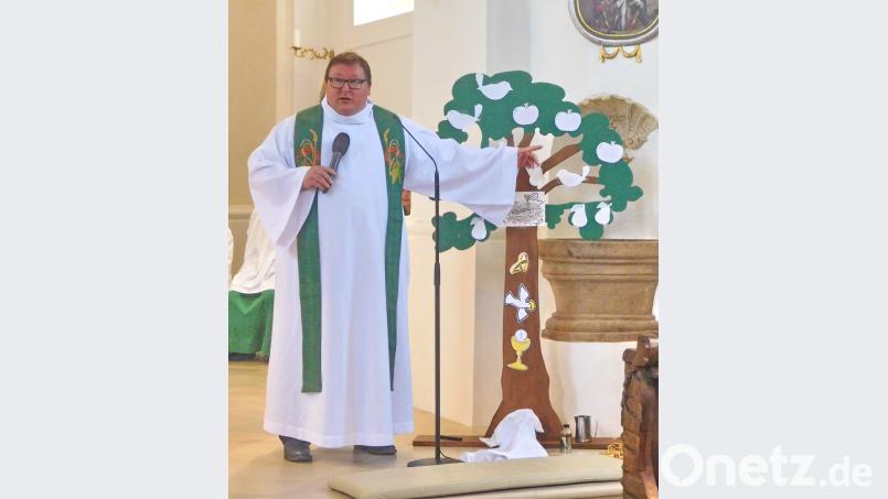 Pfarrer Sven Grillmeier erklärt die Symbole des Baumes. hai