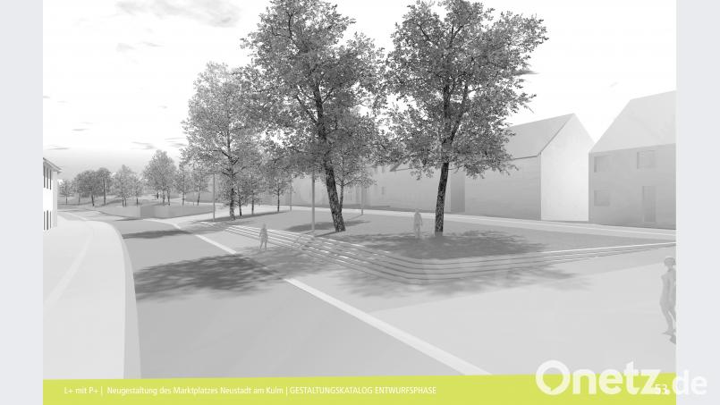 Der Entwurf des Architekten Felix Holzapfel-Herziger sieht westlich des Rathauses einen Bereich vor, der zum Spielen einlädt. Hier könnte aber auch weiterhin das Bürgerfest abgehalten werden. Die Mauer, die das Gelände zur Kreisstraße abgrenzt, soll durch eine Stufenanlage ersetzt werden. Dadurch wird die Fläche von allen Seiten zugänglich. ow