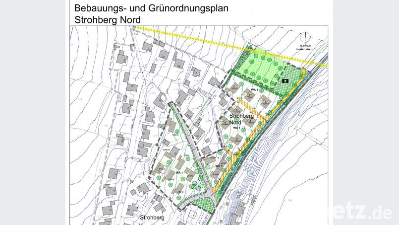 Der Bebauungs- und Grünordnungsplan für das Baugebiet „Strohberg-Nord“ in Wolfsbach. Hellgrün oben die Ausgleichsfläche, rechts daneben das neue Spielplatzgelände, links neben dem Rad und Wanderweg (blau) der Wassergraben. sön