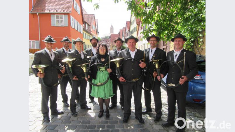 Die Kaibitzer Schlossbläser freuen sich über ihren Erfolg beim Landesbläserwettbewerb in Dinkelsbühl: Daniel Eibisch, Wolfgang Veigl, Benjamin Eibisch, Christoph Ferber, Liane Preininger, Thorsten Zickler, Günter Veigl, Hornmeister Ely Eibisch, Johannes Busch (von links). jzk