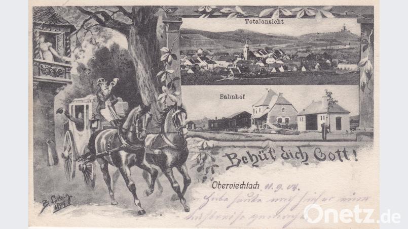 Im Eröffnungsjahr 1904 wird der Bahnhof von Oberviechtach in eine historische Postkarte eingearbeitet. lg