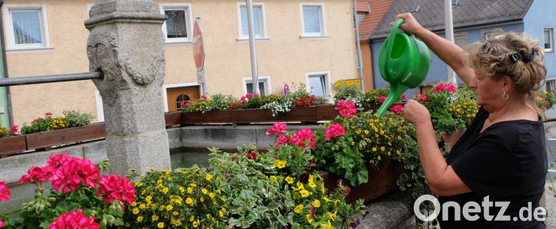 Johanna Lenkeit bei der Blumenpflege am Röhrkasten. le