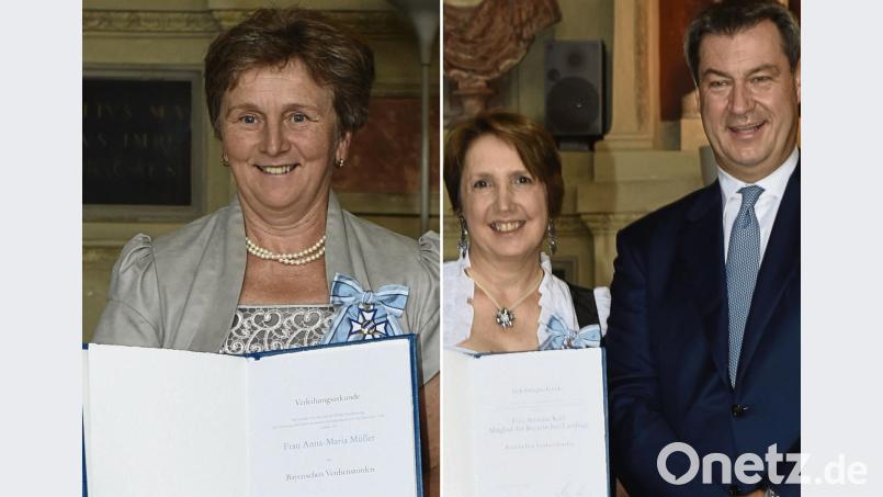 Ministerpräsident Markus Söder überrreichte den Bayerischen Verdienstorden an Anna-Maria Müller aus Freihung (links) und Annette Karl aus Neustadt/WN. (Bildkombo) Bayerische Staatskanzlei