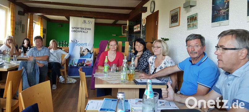 Klaus Hernes (rechts), stellvertretender Kreisvorsitzender und Bildungsreferent im BLSV Kreis Amberg-Sulzbach, referiert vor Teilnehmer aus unterschiedlichen Vereinen des Stadtverbandes zum aktuellen Thema Datenschutz. sön