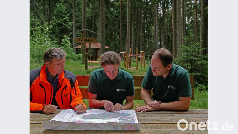 Die Forsteinrichter Alexander Schnell und Sebastian Klinger (von rechts) informieren an der Gollinger-Hütte Forstbetriebsleiter über ihren Einsatz im Hatzenreuther Wald. tr
