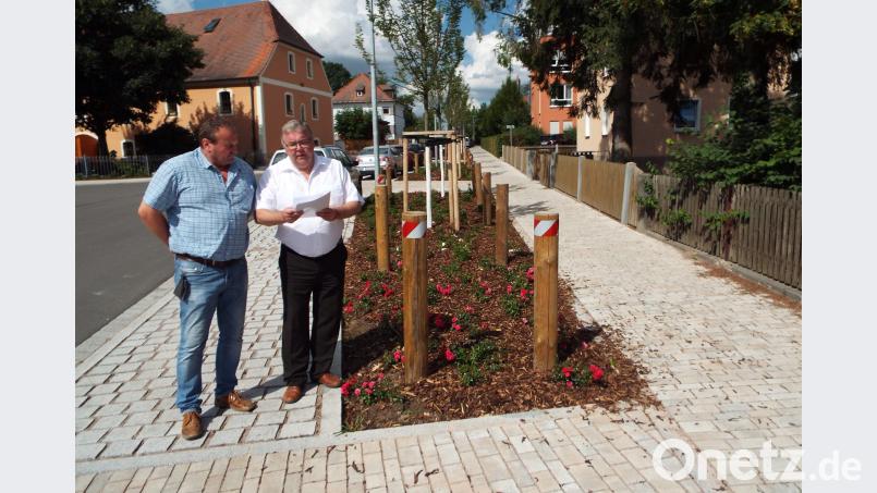 In der Straße Auf der Loh zeigen sich nach Fertigstellung Bürgermeister Josef Reindl und Klaus Kittler vom Bauamt mit der Bepflanzung sehr zufrieben. e