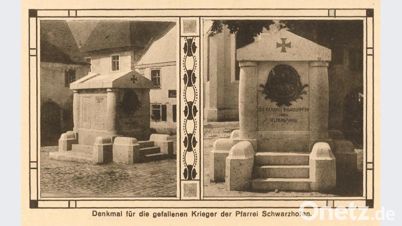 Eine alte Jugendstil-Postkarte mit zwei Ansichten des Kriegerdenkmals am früheren Standort auf dem Schwarzhofener Marktplatz. Archivbild: Mardanow
