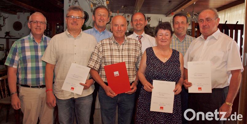 SPD-Kreisvorsitzender Uwe Bergmann, Ortsvorsitzender Hans Ram, Bezirksrat Richard Gaßner und Neukirchens Bürgermeister Winfried Franz (hinten von rechts) dankten Edwin Marschall, Josef Koller, Rita Thomas und Heiner Eichenseer (vorne von links) für ihre langjährige Treue zur SPD . sön
