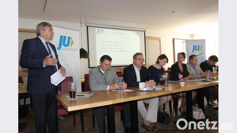 Bei der JU-Kreisversammlung am Podium (von links): MdB Karl Holmeier, Landrat Thomas Ebeling, MdL Alexander Flierl, MdB Emmi Zeulner, Kreisvorsitzende Christina Bauer und Listenkandidat Manfred Wendl. Bild: ral