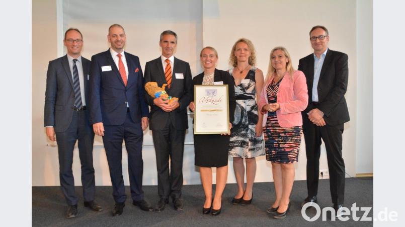 Großen Ehre für das Klinikum Weiden. Im Bild sind zu sehen (von links) Landtagsabgeordneter Bernhard Seidenath, vom Klinikum Weiden Dr. Thomas Egginger (ärztlicher Direktor), Chefarzt Prof. Dr. Frank Kullmann, Michaela Hutzler vom Pflegedienst und Ivonne Walter sowie Gesundheitsministerin Melanie Huml und Dr. Thomas Breidenbach von DSO. 	Bild: exb exb