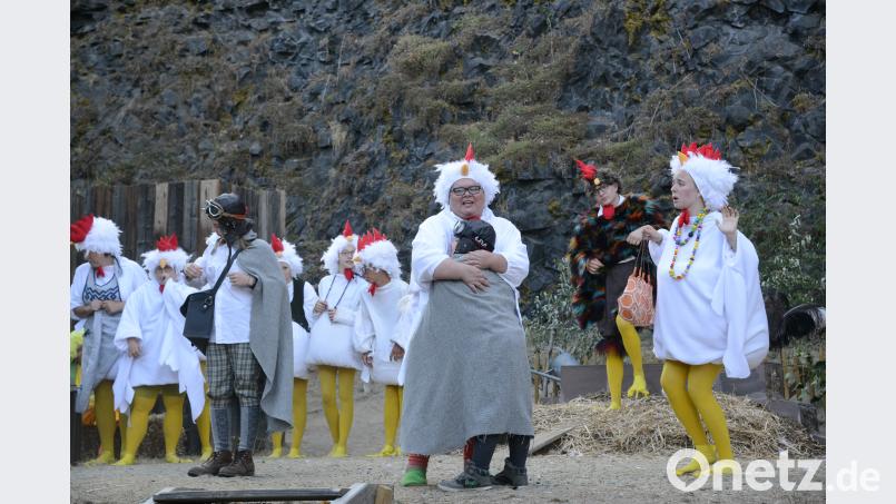 Huhn Vroni nimmt die Brieftaube Hermes in den Arm. Hahn Hannibal beoachtet seine Hühner. BEY