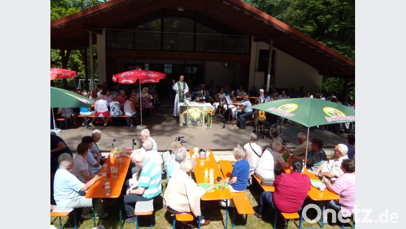 Pfarrer Josef Irlbacher zelebriert einen beeindruckenden Gottesdienst unter freiem Himmel mit den Besuchern des Behindertenbuchbergfestes. ads