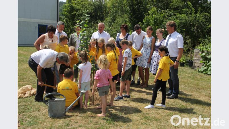 Stellvertretender Landrat, Jakob Scharf pflanzt einen Jubiläumsbaum mit den Kindern. ral
