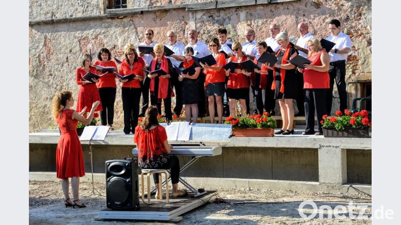 Der gastgebende Gemischte Chor des Gesangvereins 1860 überzeugt bei der Mittsommerserenade im Schlosshof insbesondere bei seinen deutschsprachigen Liedbeiträgen. Am Piano werden die Sänger wie auch Sopran-Solistin Jana Müller (vor der Bühne stehend) von Iryna Herrmann (sitzend) begleitet. fdl