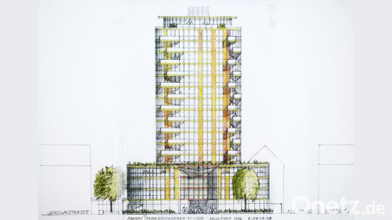 17 Etagen hoch soll der Abatay-Tower auf dem Areal des Josefshauses entstehen. Der Bauausschuss will aber erst bei einem konkreten Antrag für einen vorhabenbezogenen Bebauungsplan über weitere Türme in Weiden diskutieren. Das enttäuscht Architekt Heiner Schreml. Plan: Schreml/ Bild: Schönberger wd