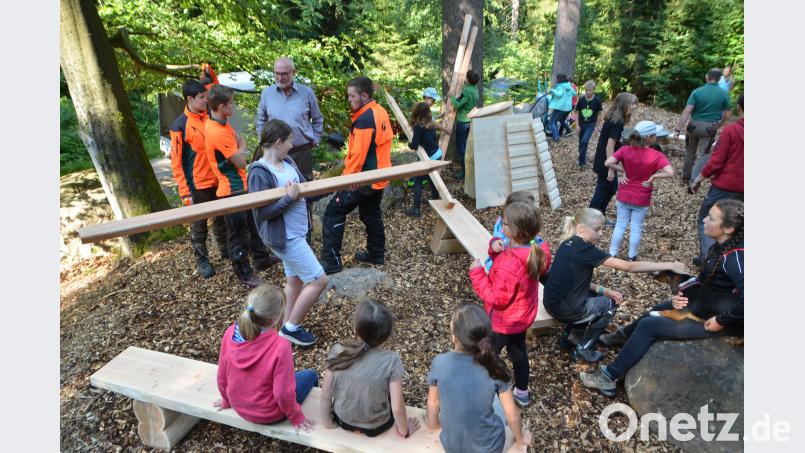 Rumsitzen und zuhören: So funktioniert das nicht im grünen Klassenzimmer. Alle packen im Wald bei Neudorf beim ersten Projekt dieser Art in der Region kräftig mit an. dob