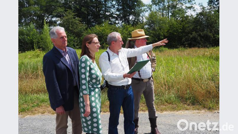 &quot;Diese Naturlandschaft soll durch eine Straße zerschnitten werden&quot;, erläutert Klaus Bergmann (Dritter von links), Landtagskandidat von Bündnis 90/Die Grünen, der Bundestagsabgeordneten aus seiner Partei, Lisa Badum. Mit dabei auch Parteifreund Hermann Scharl (links) und 
Richard Mark Leighton-Myles von der NES GmbH in Erbendorf (rechts) sbü