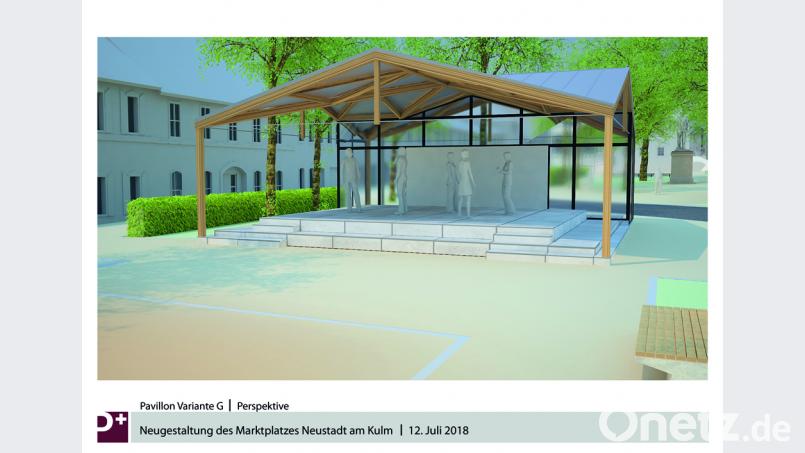 Ein Entwurf für den Pavillon: So könnte das neue Multifunktionsgebäude für den östlichen Teil des Marktplatzes aussehen. Auf der platzzugewandten Seite befindet sich eine erhöhte Fläche, die zum Sitzen einlädt. ow