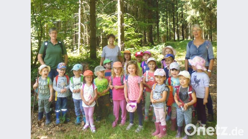 Die Kinder der Elefanten-Gruppe sind im Wald mit (von links) Anette Schödel, Rita Wegmann und Ingrid Hoffmann unterwegs. ak