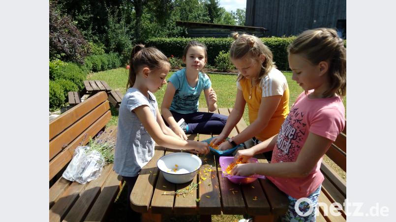 Die Kinder der OGV-Nachwuchsgruppe basteln Lavendelsäckchen. gsr