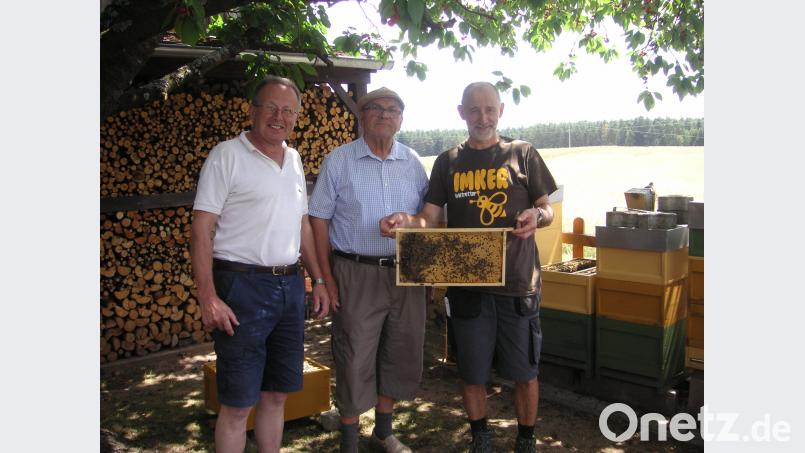 Die beiden Vorsitzenden Hans Pröls (links) und Hans Pilarski (rechts) begrüßen Bienenfachwart Hermann Bronold als Referent beim Imkerfest. wfw