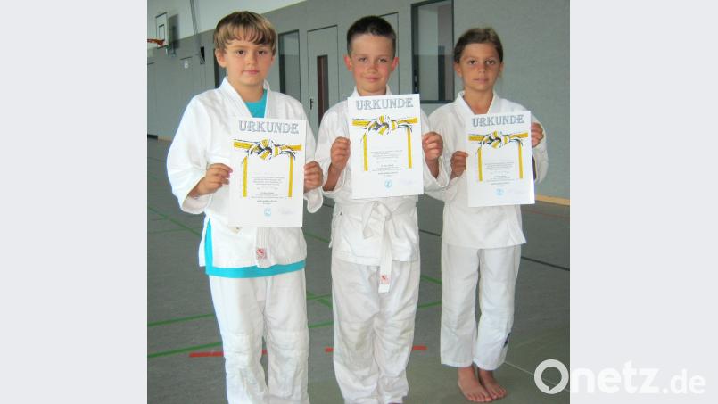 Noah Schultes, Artiom Skardorva und Magdalena Täubert dürfen nun den weiß-gelben Gürtel tragen. fpoz