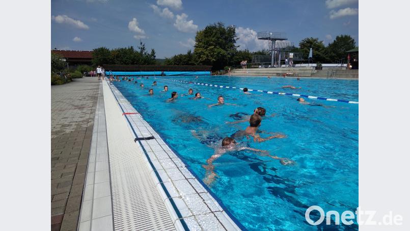 500 Schüler der Naabtal-Realschule sprangen in Perschen ins Wasser und zogen bis zu 100 Bahnen im Olympiabecken. Bild: exb