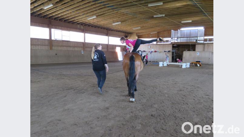 Die Kinder üben gemeinsam mit Trainerin Lena Dostler erste Schritte auf dem Kleinpferd Gery, ein &quot;Schaf&quot; von einem Pferd, der alles geduldig zulässt.Theresa Ziegler kann bereits einige Trainingseinheiten gut ausführen (im Bild mit Lena Dostler) ubb