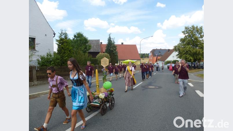 Die Geschwister Schertl ziehen den Symbolwagen des Imkervereins. Vorne Mitte die bayerische Honigprinzessin Doris Grünbauer. bk